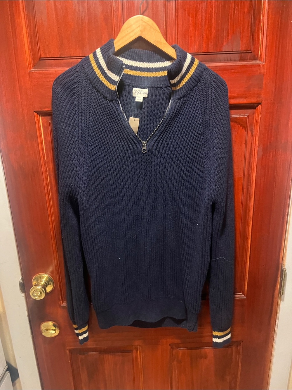 NWT -  J.Crew Men's Navy Half-Zip Ribbed Sweater with Contrast Stripe Collar